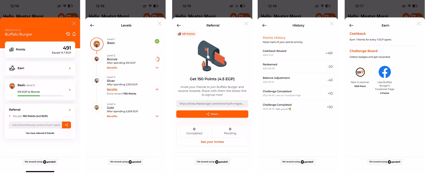 Screenshots of a rewards app, including points, levels, referral program, history, and ways to earn.