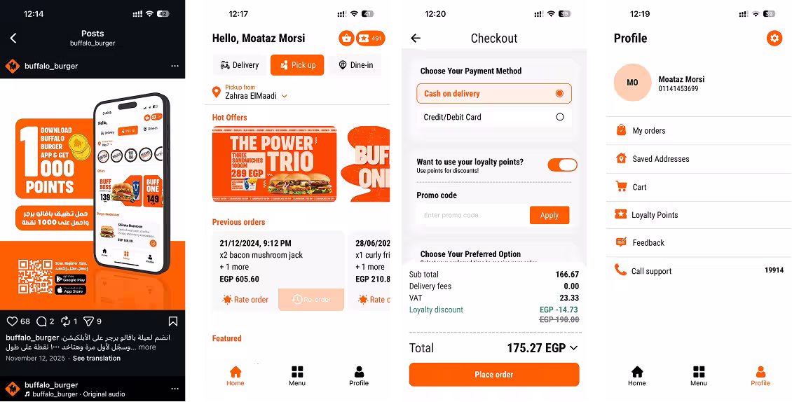 Four screenshots of a food ordering phone app, including promo offers, checkout options, and user profile.