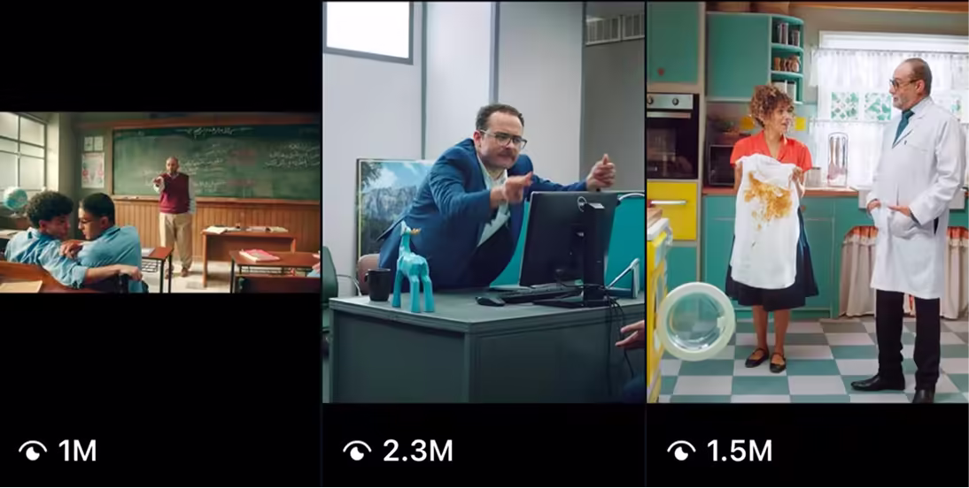 Screenshots of three viral videos, set in a classroom, office, and kitchen.