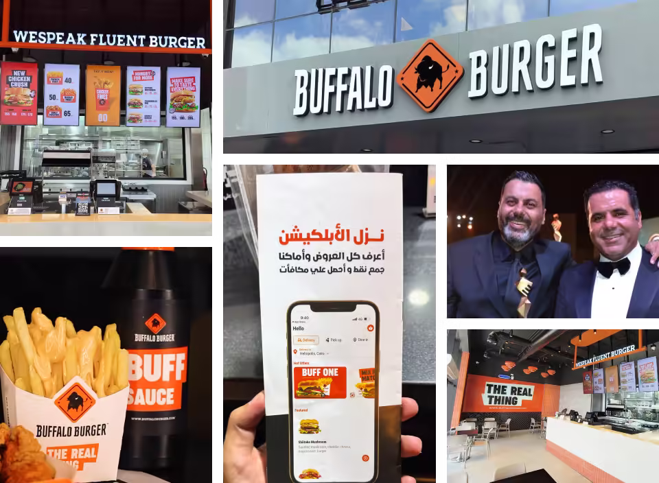 Collage of Buffalo Burger restaurant signage, menu, app, food and people.