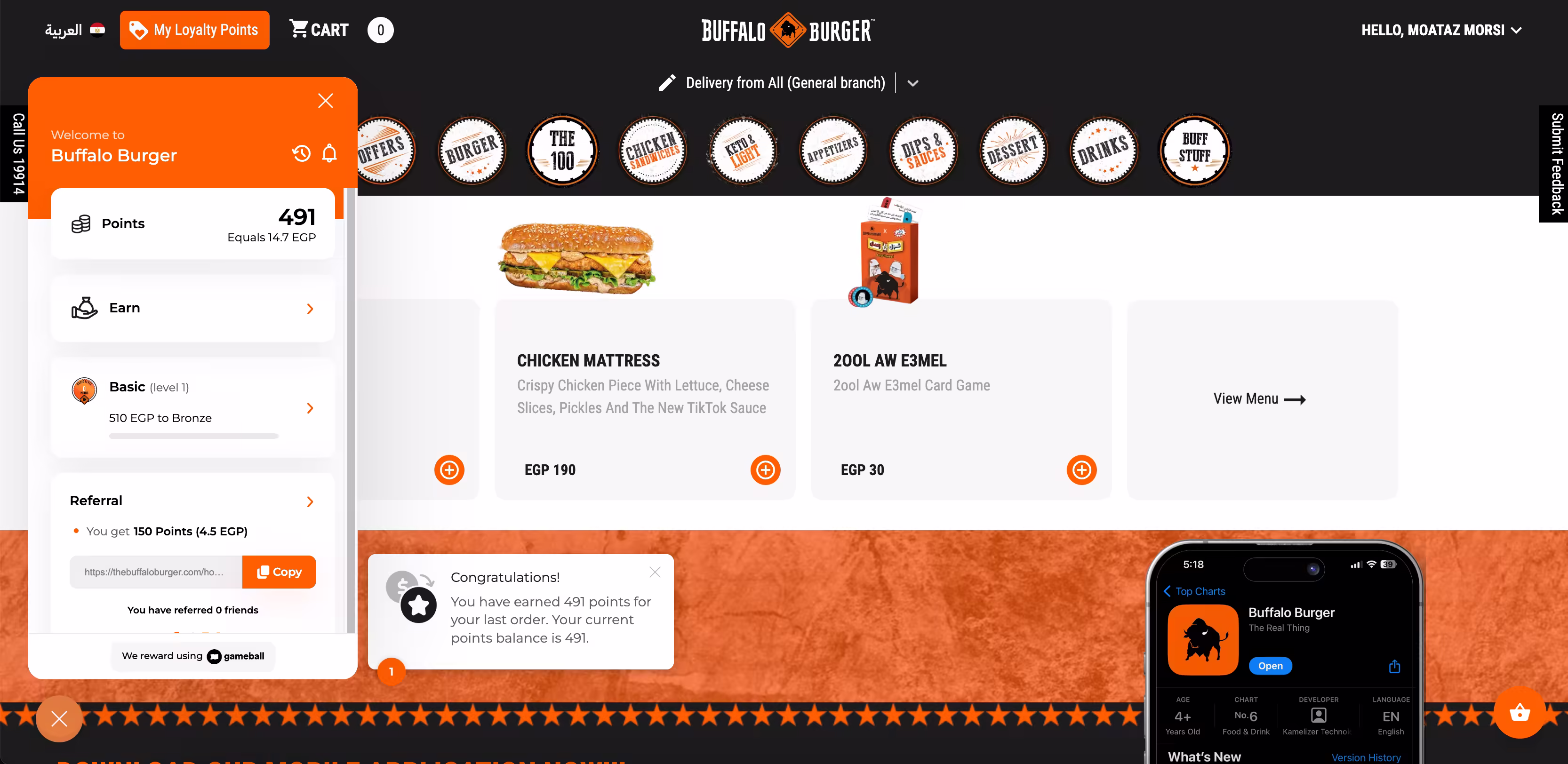 Buffalo Burger app interface showing menu items, loyalty points, and Apple app store listing.