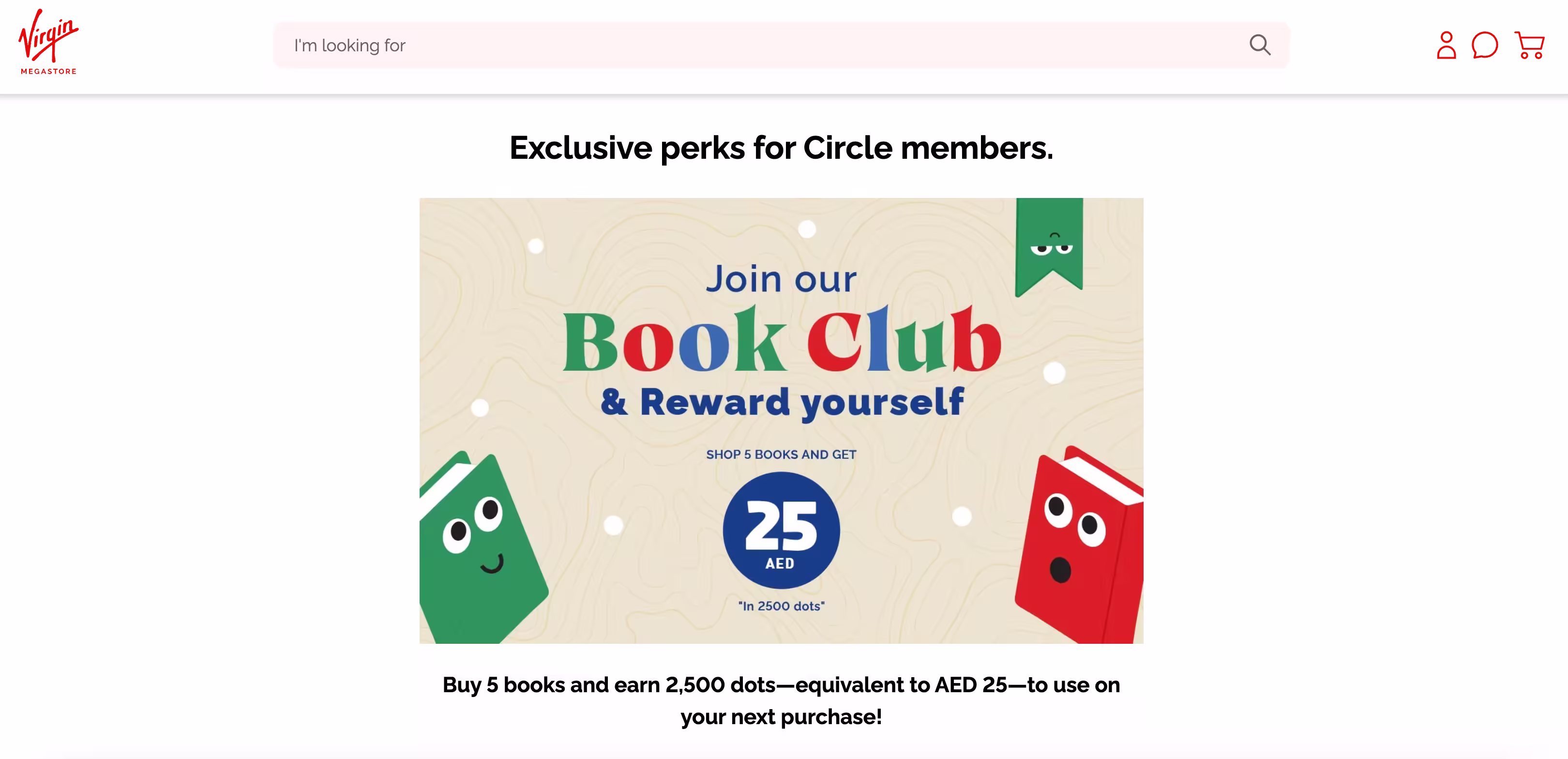 Virgin Megastore's ad for a book club, including a promotion of 25 AED off for Circle members.