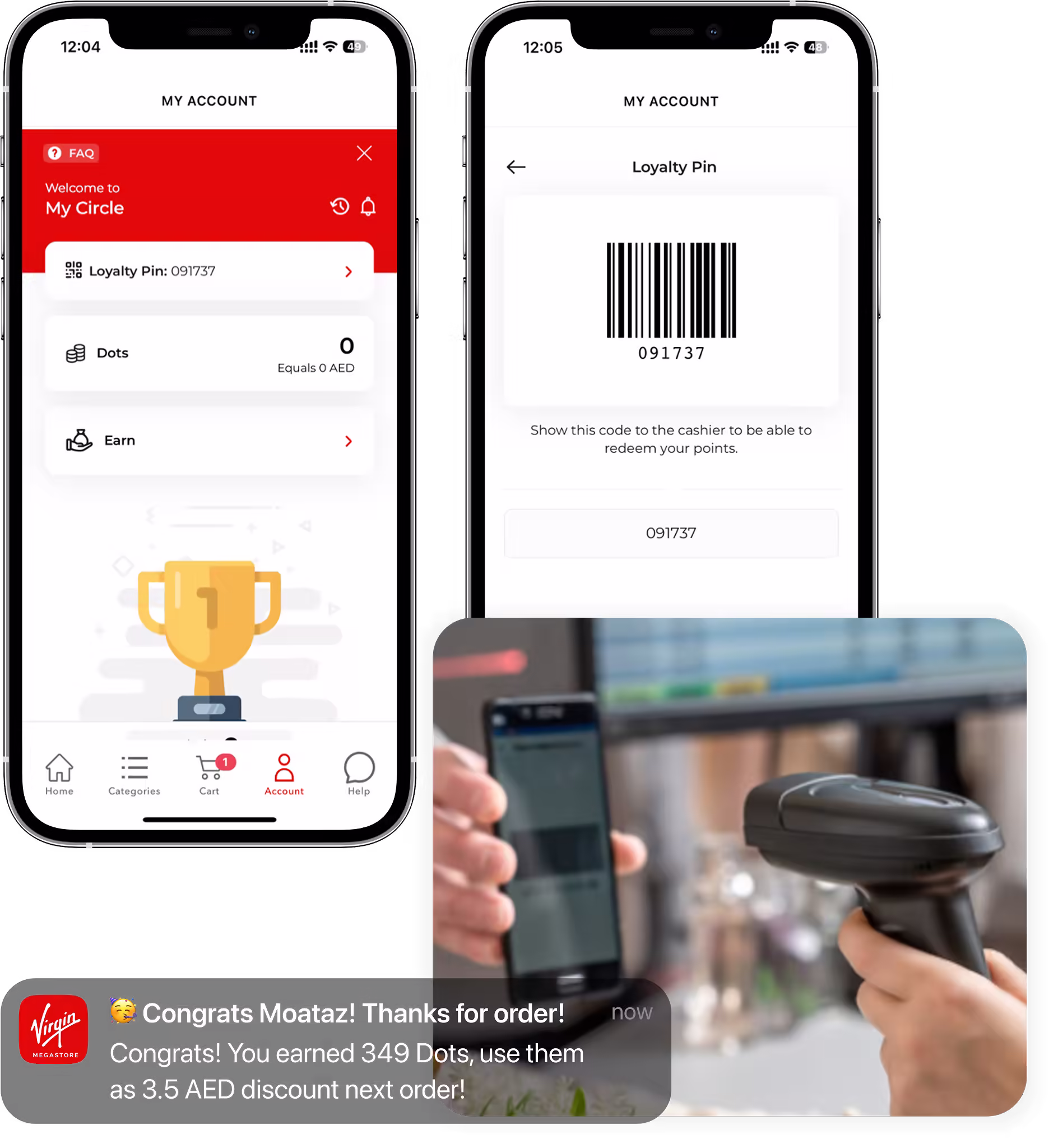 Mobile app reward points displayed as a barcode scanned at checkout.
