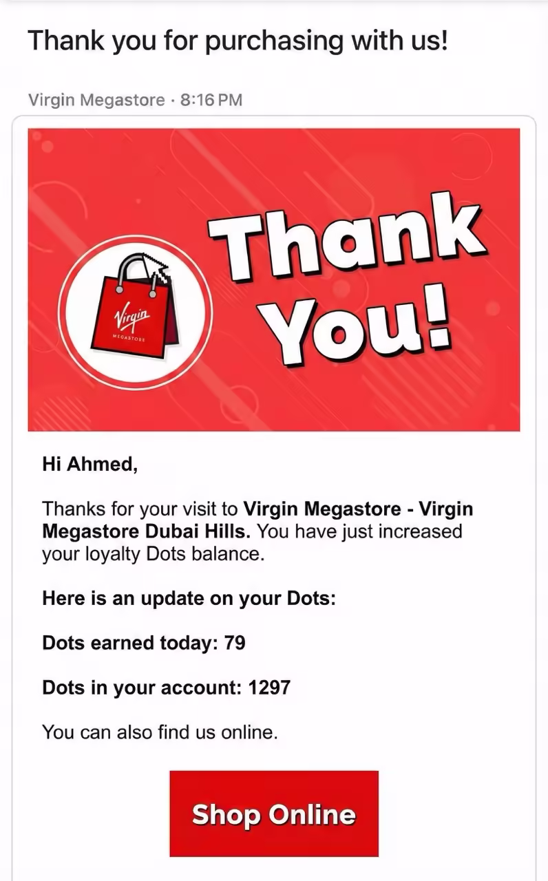 Email from Virgin Megastore thanking user, "Ahmed," for his visit and updating his loyalty points.
