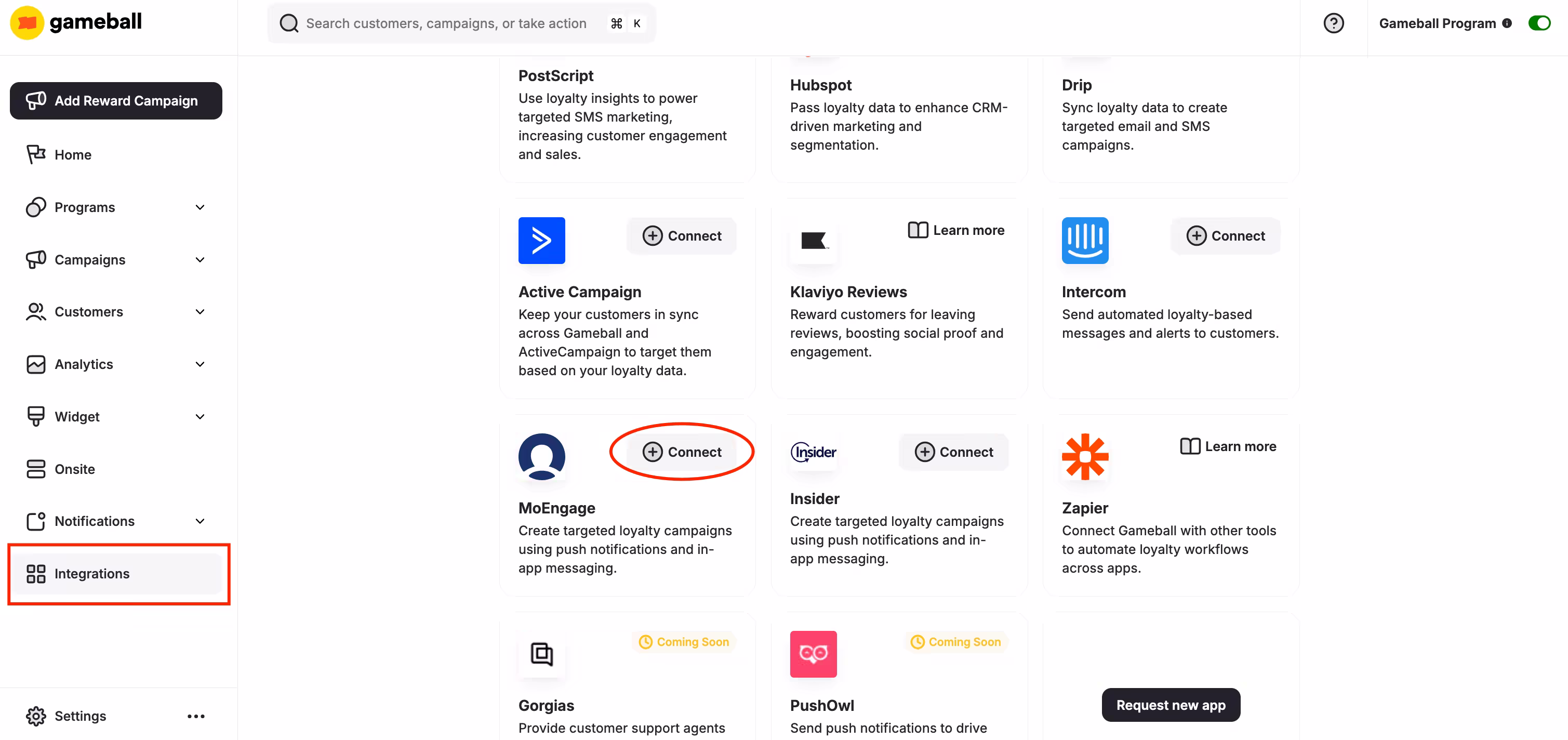 Integrations dashboard in a marketing platform, including options to connect other apps.