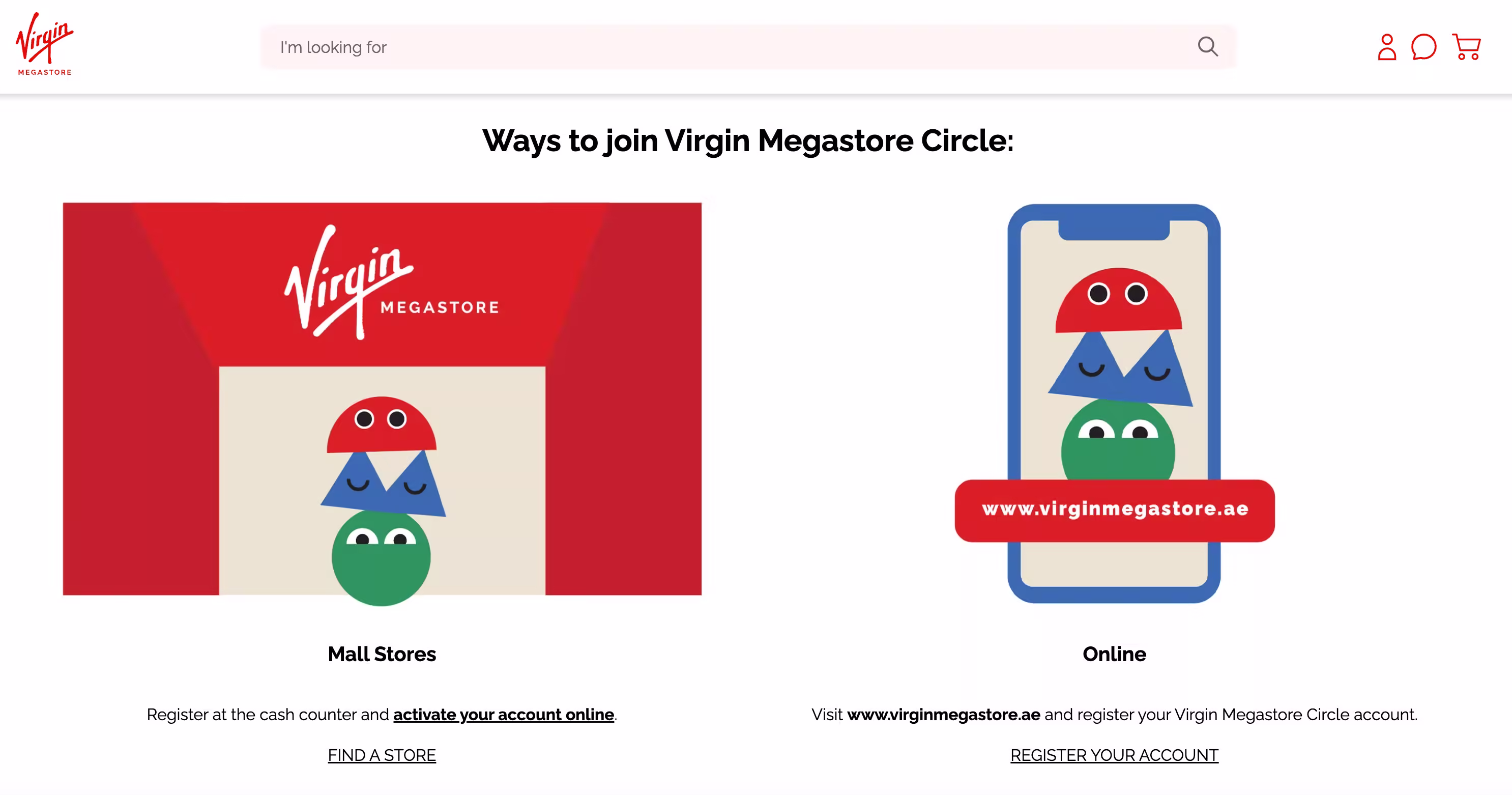 Virgin Megastore Circle join options: Mall store graphic and online phone graphic.