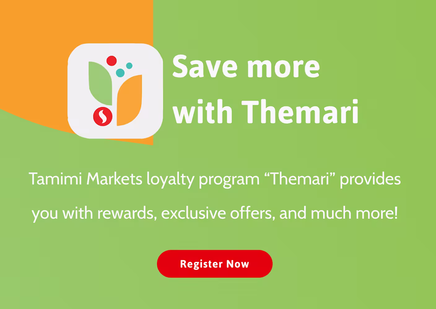 Tamimi Markets "Themari" loyalty program ad with a logo, rewards text and a registration button.