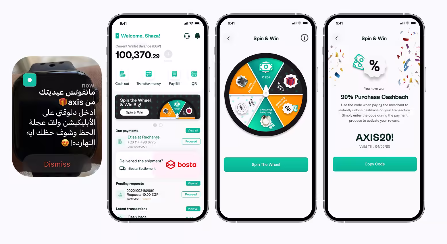 Screenshots of a mobile app featuring a "Spin & Win" game and a 20% cashback offer.
