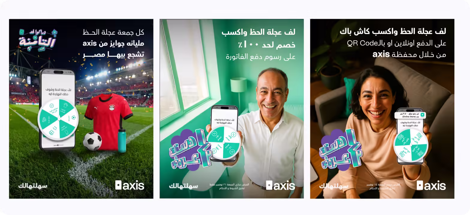 Axis campaign featuring people and smartphones showing a prize wheel, with soccer-themed prizes and discounts.