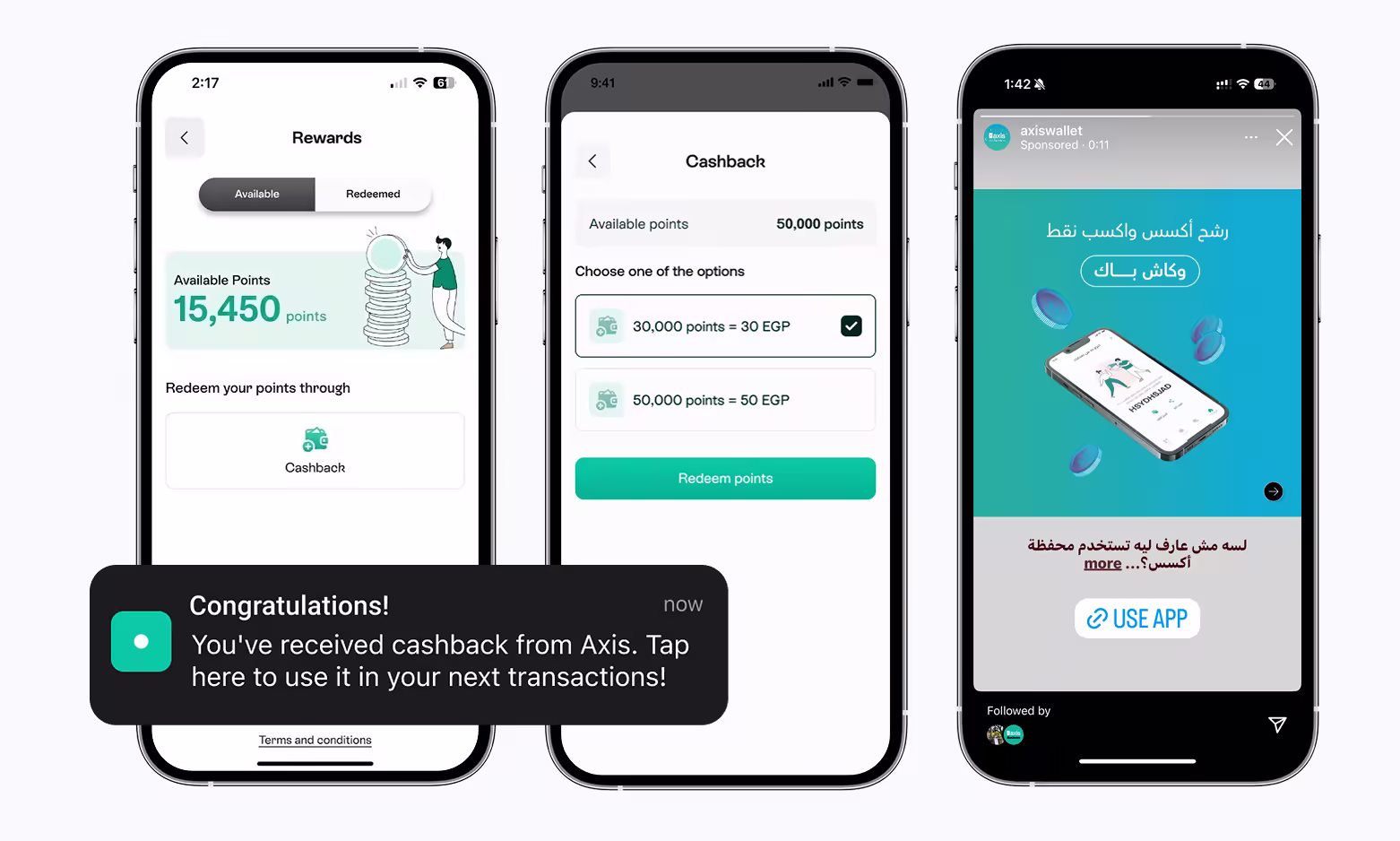 Three mockups of mobile phones showcasing reward points and cashback from the "axiswallet" application.
