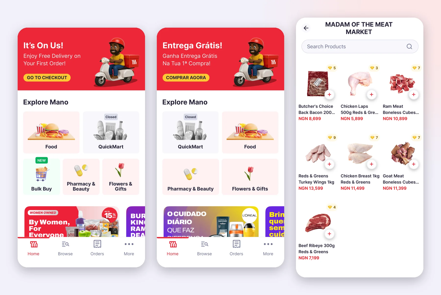 Mano app home screens for Nigeria and Angola beside a merchant storefront page, showing food, QuickMart, bulk buy, pharmacy and beauty, and flowers and gifts categories.