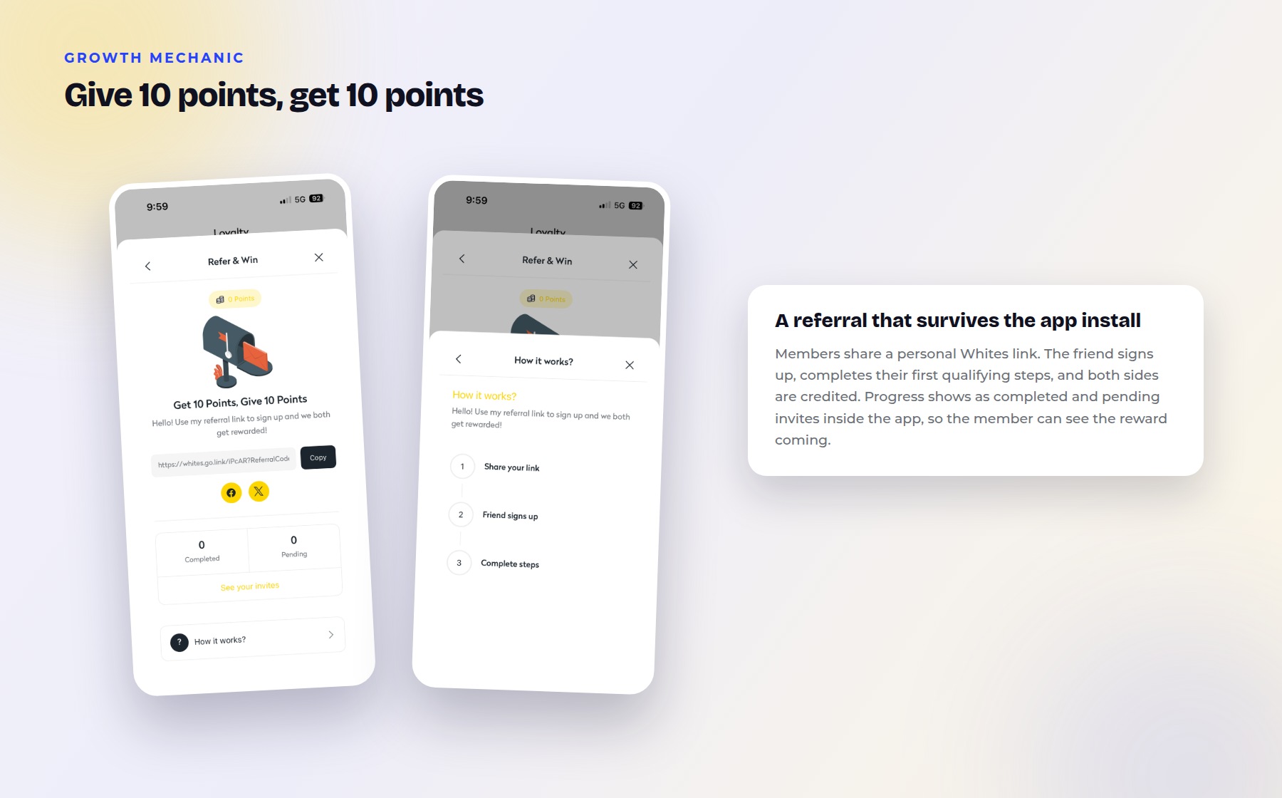 The Refer and Win screen in the Whites app, showing the give ten get ten offer and the three step referral flow.
