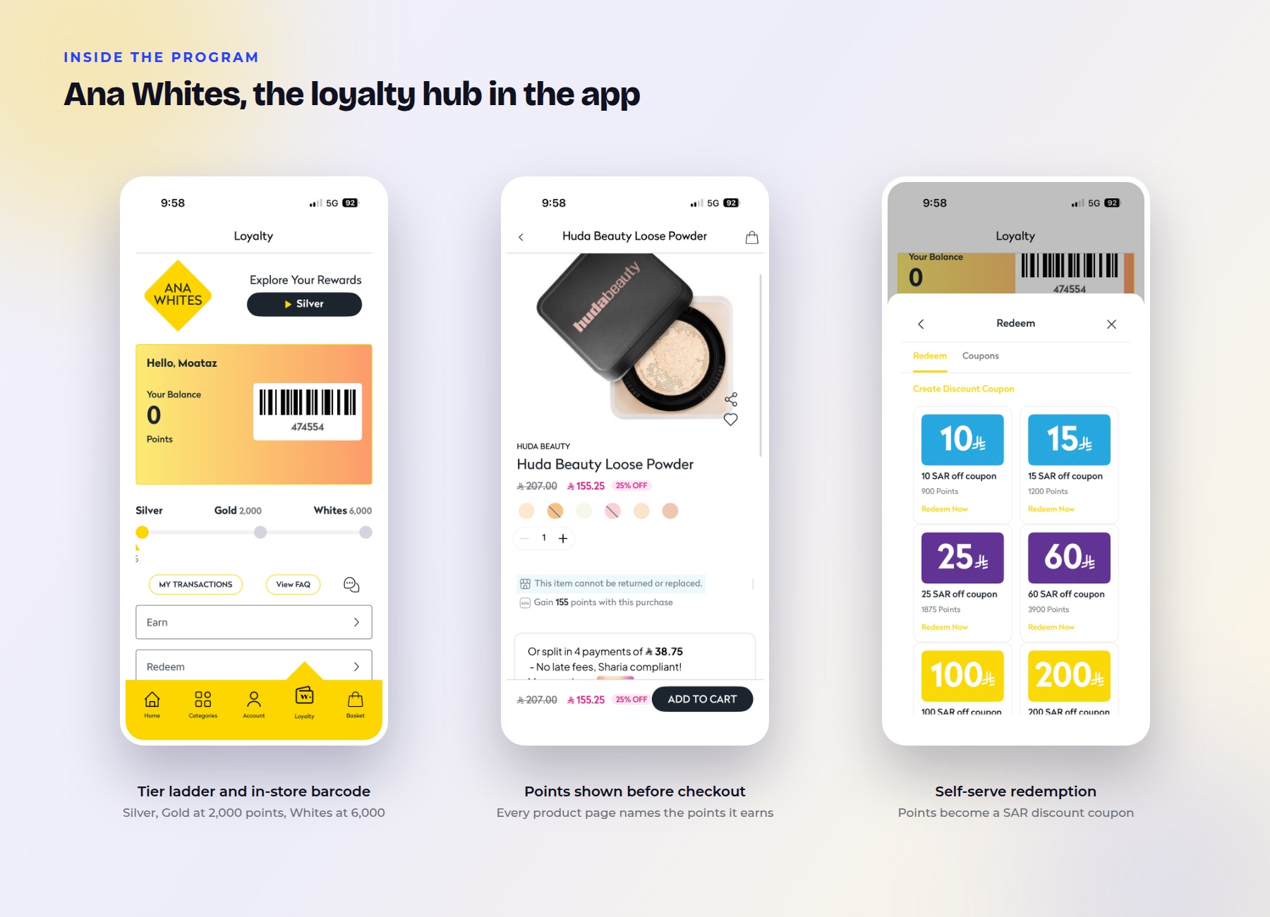 Three screens of the Ana Whites loyalty program: the tier ladder and in-store barcode, a product page showing points earned, and the redemption screen.