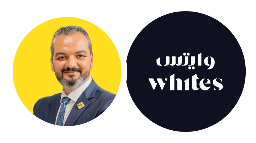 Mahmoud Ibrahim, CEO at Whites Beauty Pharmacy, beside the Whites brand mark.