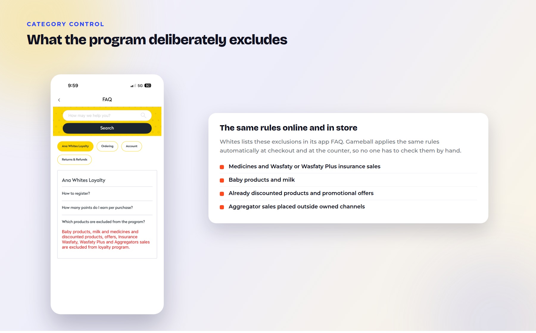The Ana Whites loyalty FAQ listing the product categories excluded from the loyalty program, beside a summary of those exclusions.