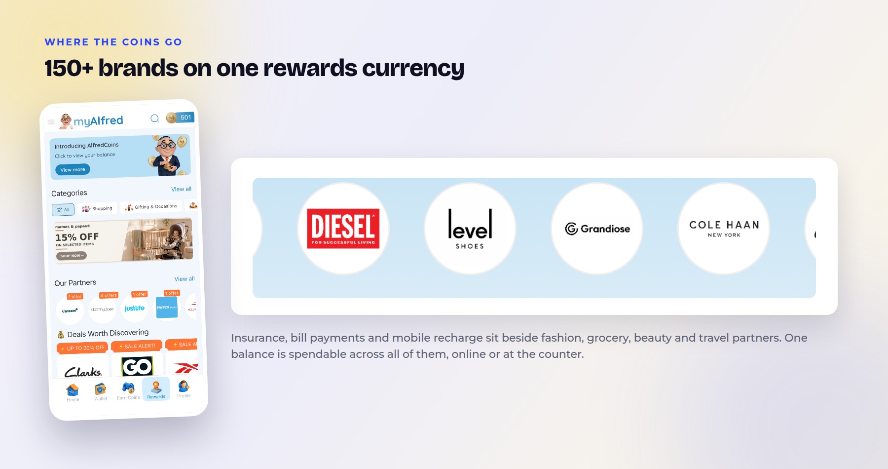 The myAlfred home screen beside a row of partner brand logos including Diesel, Level Shoes, Grandiose and Cole Haan.
