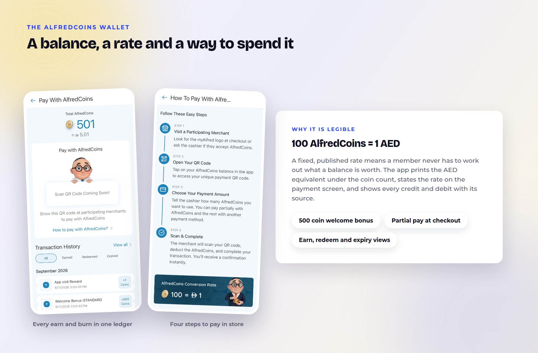 The AlfredCoins wallet in the myAlfred app beside the four step guide to paying with coins in store, and a card explaining the 100 coins to 1 AED rate.