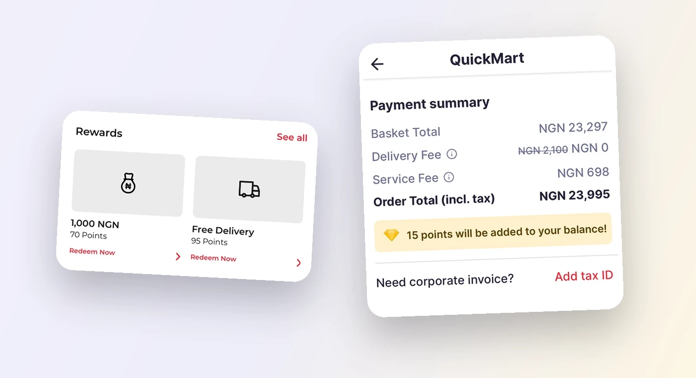 Mano app rewards list showing 1,000 NGN for 70 points and free delivery for 95 points, beside a checkout payment summary where the delivery fee is struck through to zero and 15 points are added to the balance.
