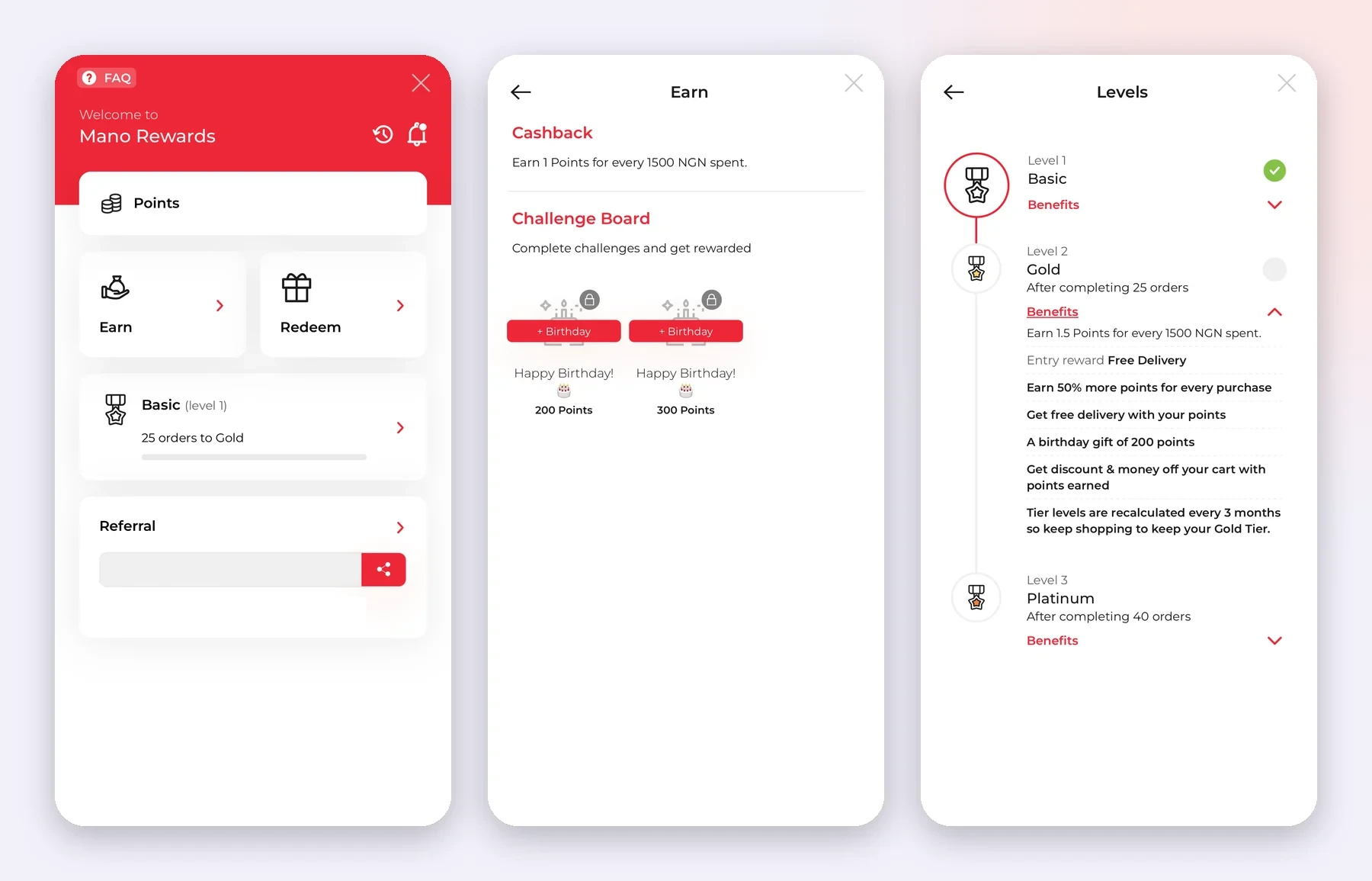 Three Mano app screens: the Mano Rewards hub with Earn, Redeem, level progress and referral, the Earn screen showing the cashback rate and challenge board, and the Levels screen showing Basic, Gold and Platinum tiers.