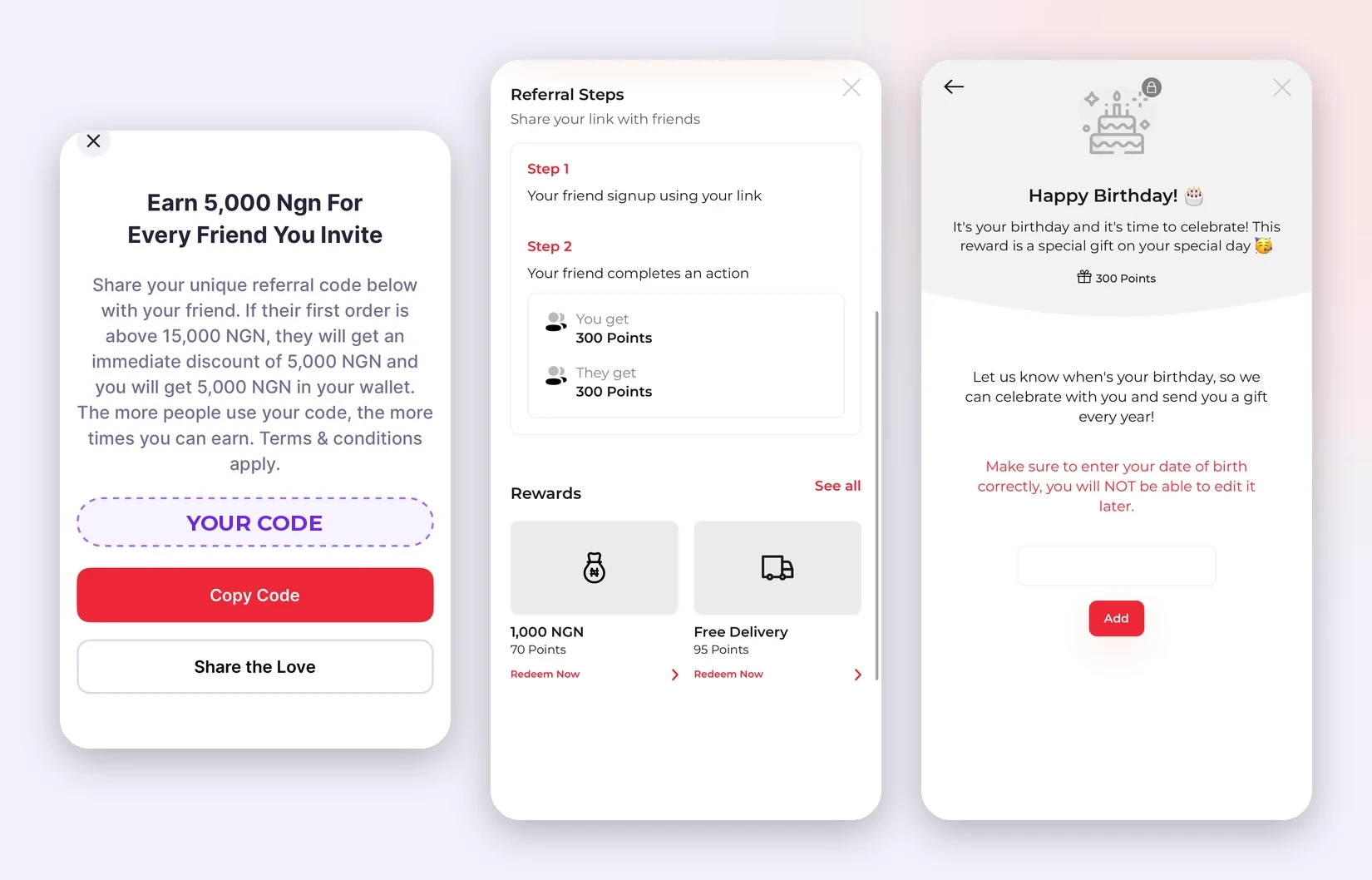 Three Mano app screens: the 5,000 naira invite offer with a shareable referral code, the two-step referral mechanic awarding 300 points on each side, and the birthday reward screen.
