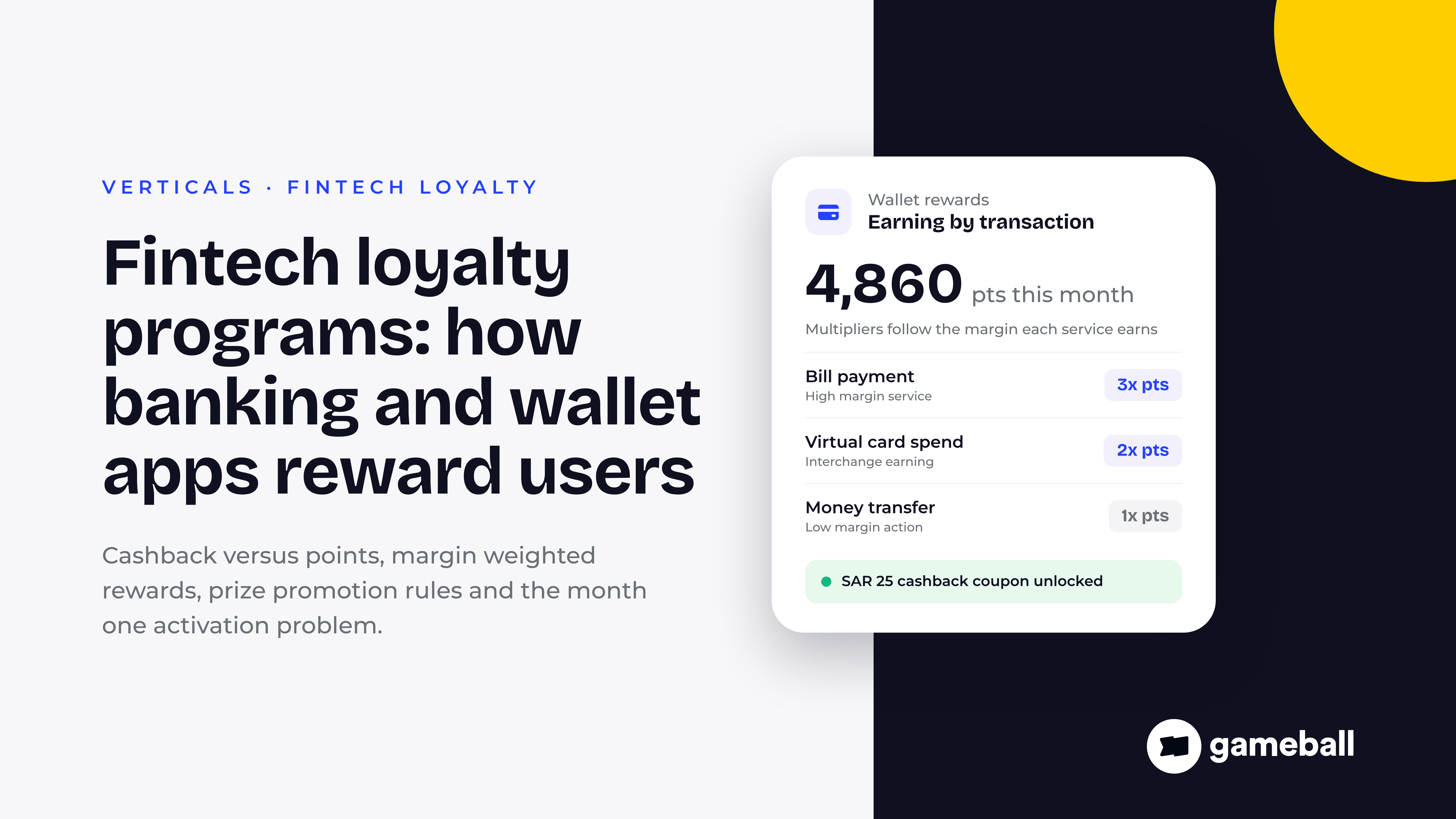 Cover showing a wallet rewards card where bill payments earn 3x points, virtual card spend 2x and money transfers 1x, with a SAR 25 cashback coupon unlocked, beside the title Fintech loyalty programs: how banking and wallet apps reward users