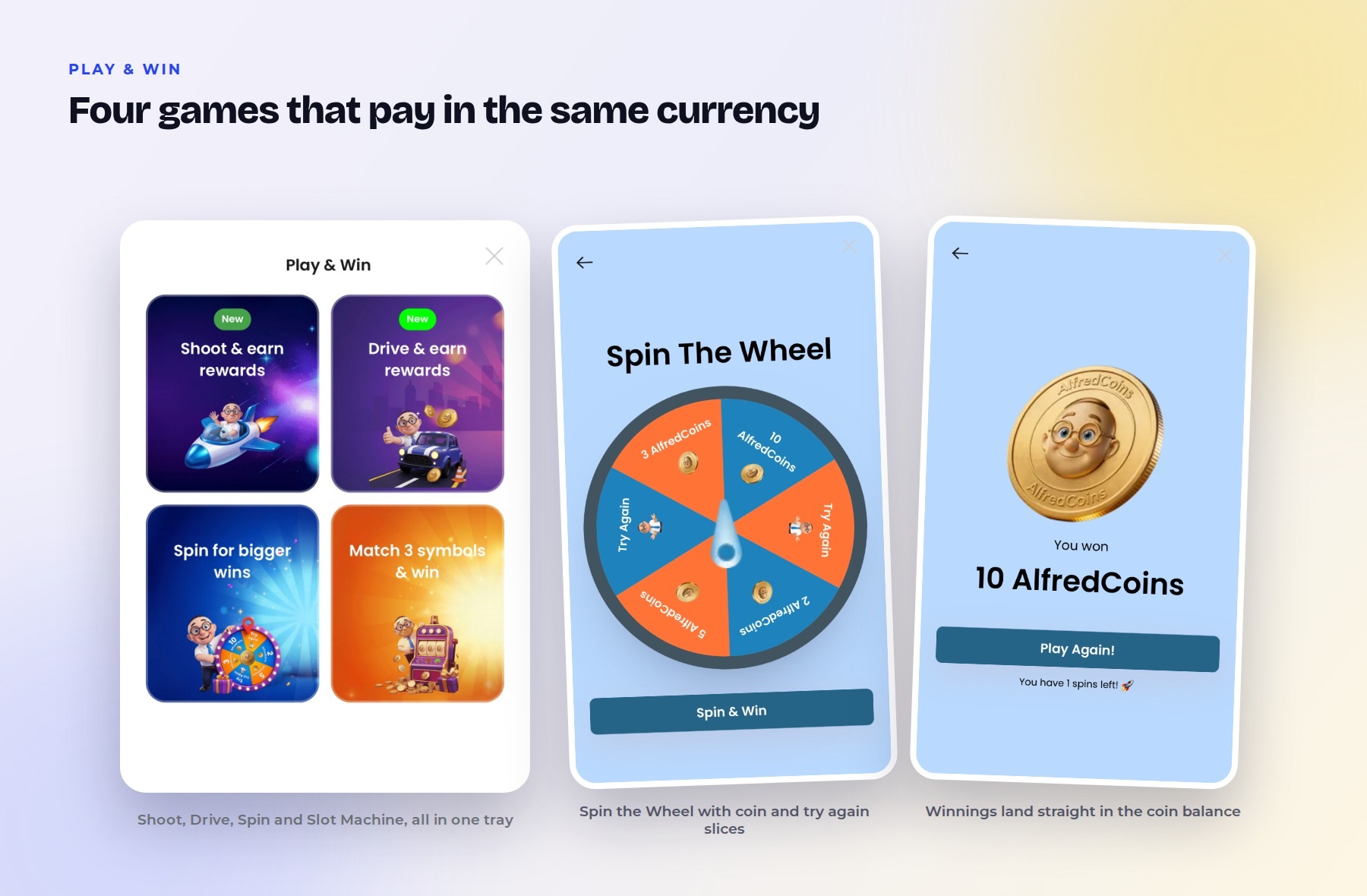The Play and Win tray in the myAlfred app showing four games, the Spin the Wheel screen and a win screen awarding ten AlfredCoins.