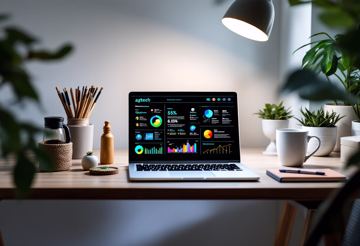 [background image] image of topdown photo of desk with laptop (for a food and agtech)