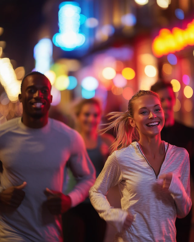 Un groupe de jeunes courent dans une rue animée la nuit, souriants avec des lumières de la ville floues en arrière-plan.