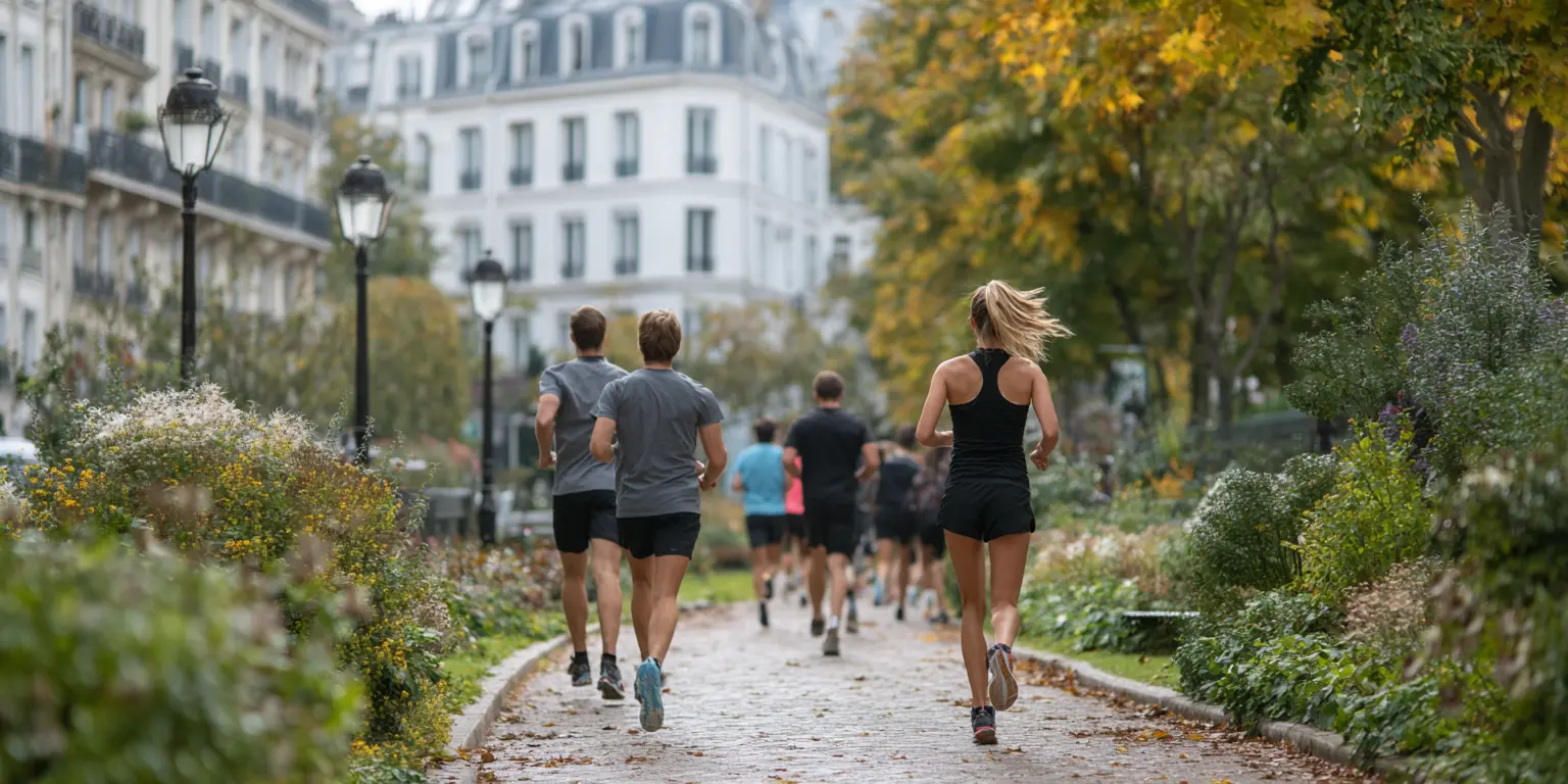 Groupe de personnes courant sur un chemin pavé bordé de fleurs et d'arbres en ville.