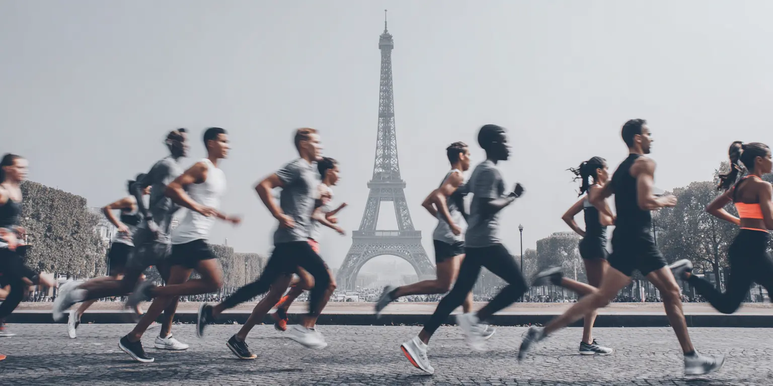 Un groupe de coureurs traversant une route pavée avec la tour Eiffel en arrière-plan à Paris.