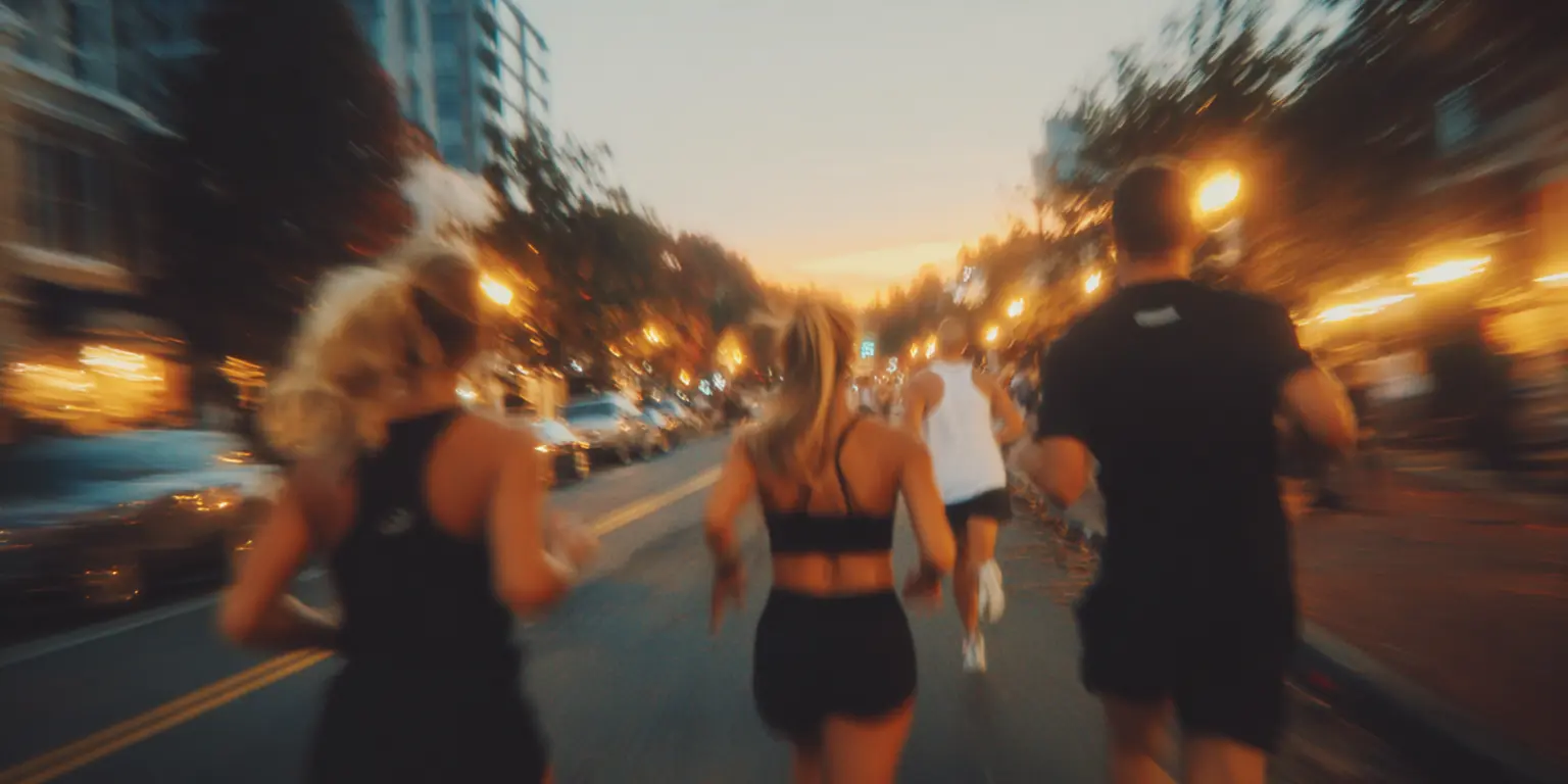 Groupe de personnes courant dans une rue en soirée aux lumières urbaines floues.
