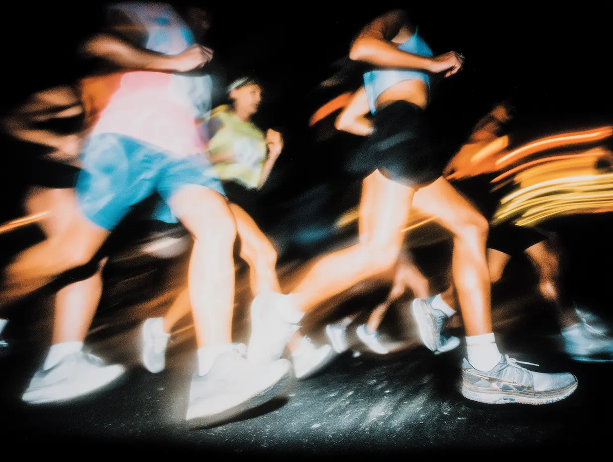 Groupe de coureurs portant des vêtements de sport colorés courant de nuit avec effet de flou de mouvement.