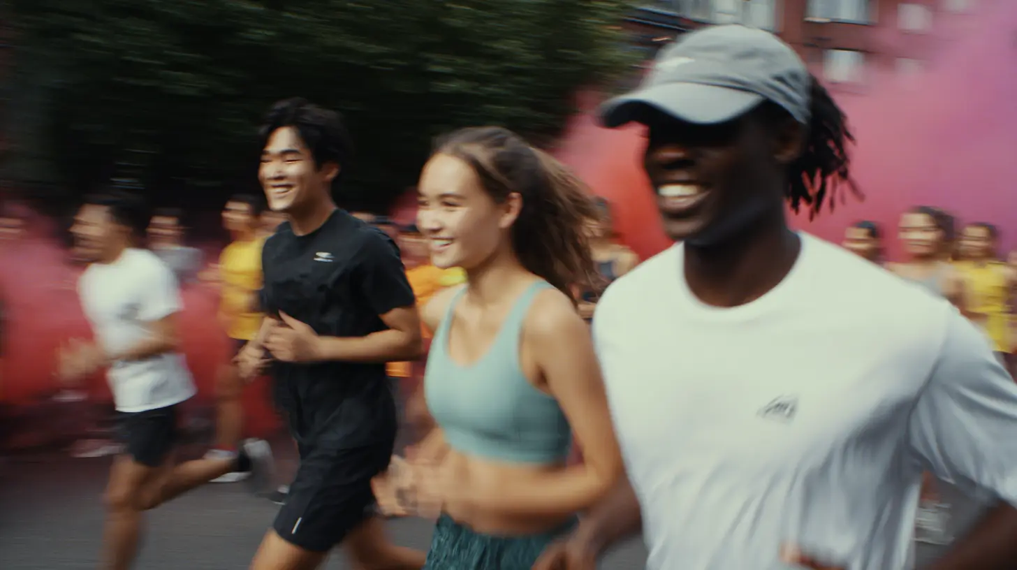 Groupe de jeunes coureurs souriants courant à l'extérieur lors d'un événement sportif.