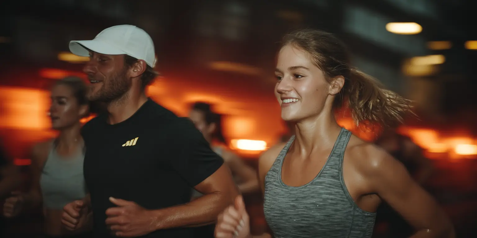 Deux jeunes adultes courant ensemble dans un environnement intérieur avec des lumières chaudes en arrière-plan.