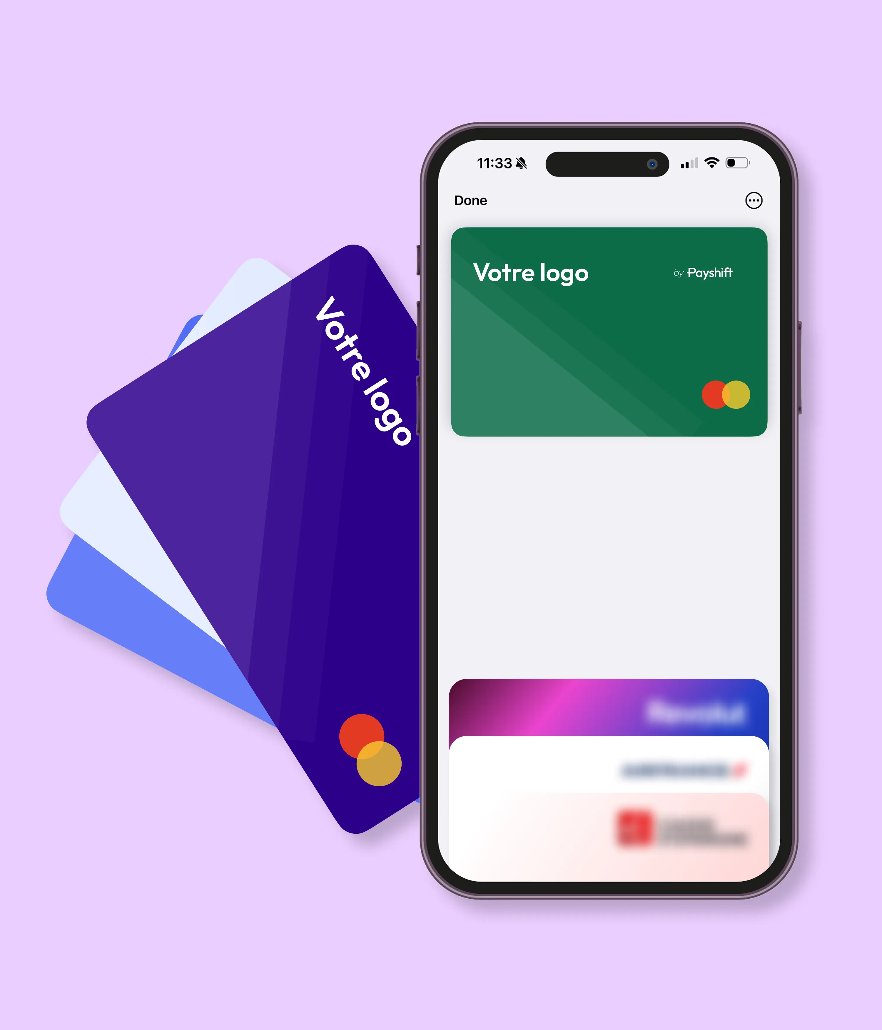 Mockup de l'application Wallet sur un smartphone, et cartes de paiement by payshift personnalisables.