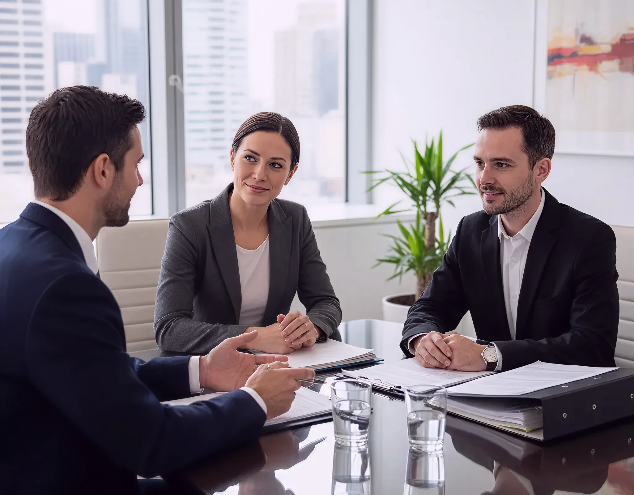 Un avocat reçoit un couple de clients souriants dans son bureau, moderne et lumineux. 