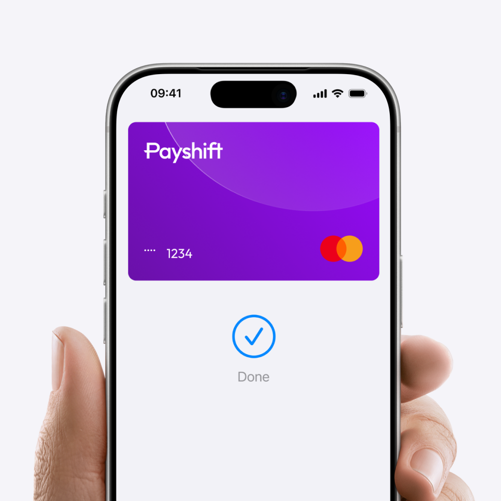 iPhone screen showing a Payshift Mastercard card in the Apple Pay Cards app.