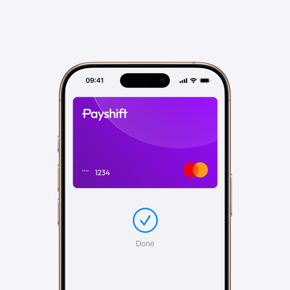 iPhone screen showing a Payshift Mastercard card in the Apple Pay Cards app.