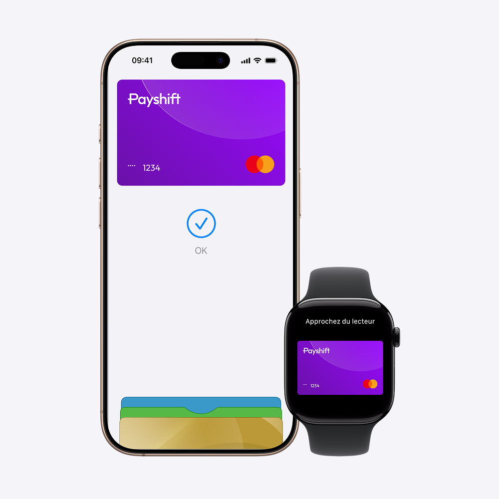Un smartphone et une montre connectée affichant une carte bancaire virtuelle Payshift avec Mastercard.