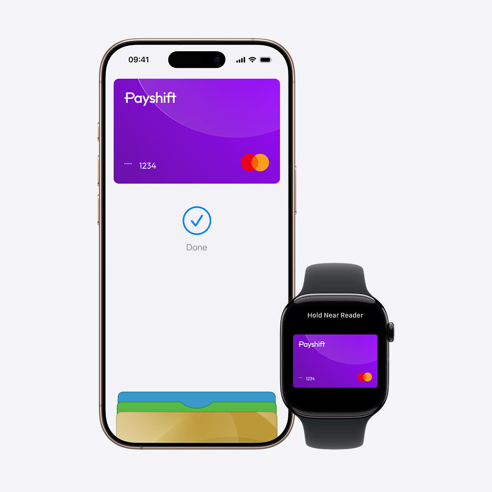An iPhone and an Apple Watch displaying a Payshift virtual bank card with Mastercard.