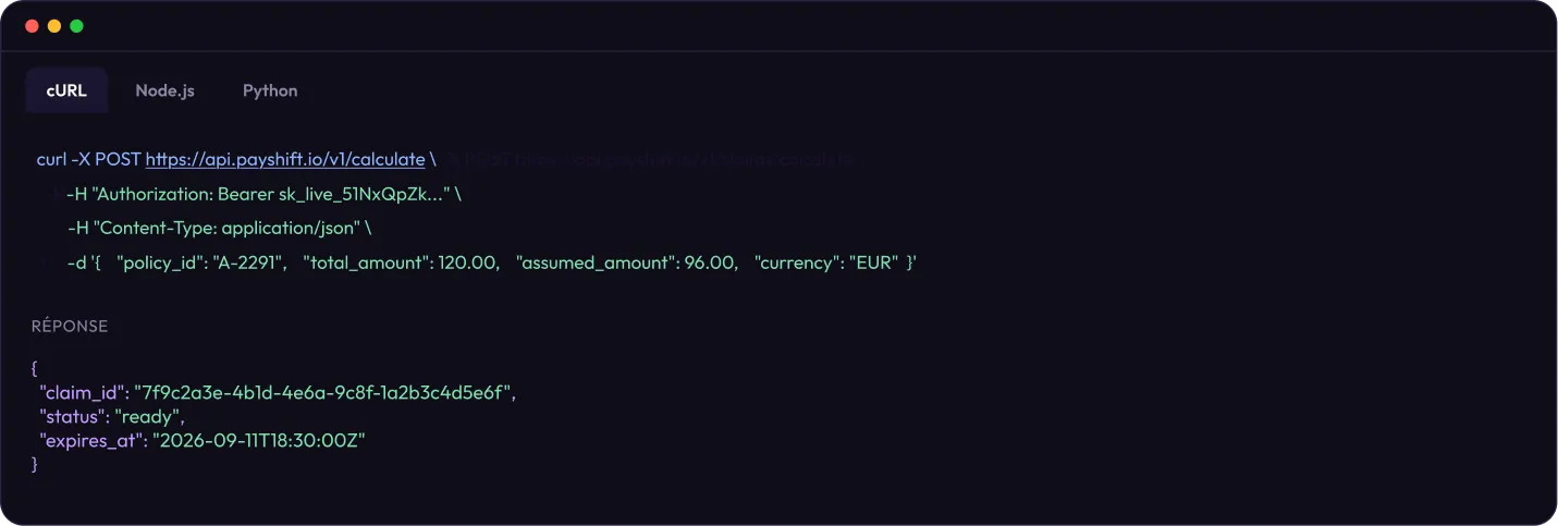 Example of a cURL POST request to the payshift.io API to calculate support with authorization token and JSON data, followed by the JSON response.