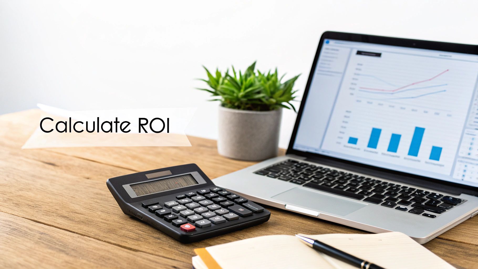An office desk with a calculator, laptop showing graphs, a plant, and a banner saying 'Calculate ROI'.