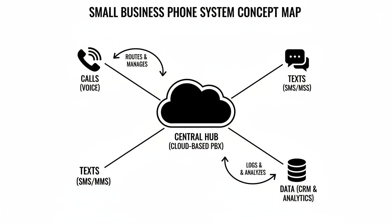 A concept map illustrating a small business phone system with a cloud-based PBX as the central hub.