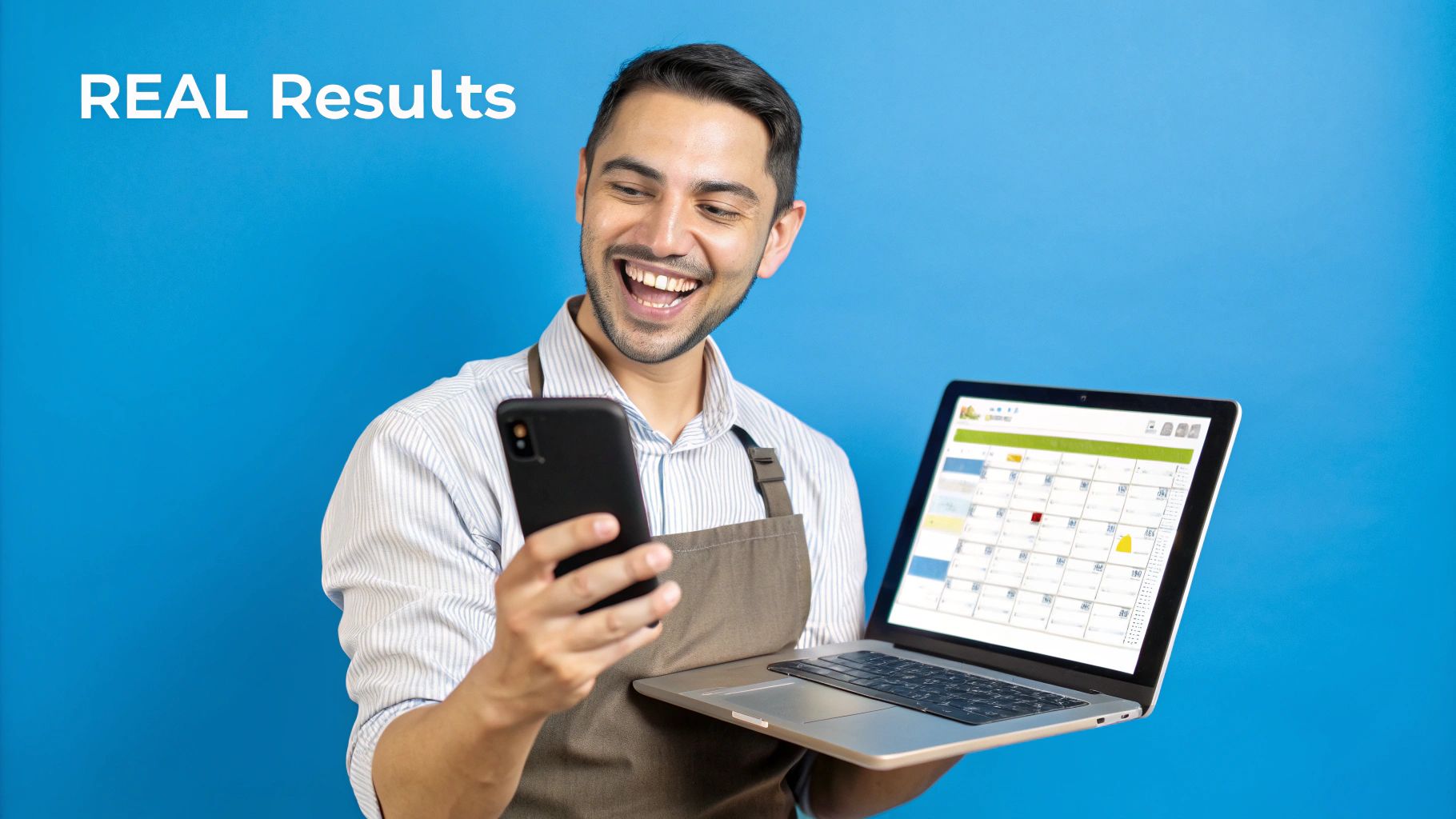 A happy small business owner uses a smartphone and laptop displaying a calendar, showing real results.
