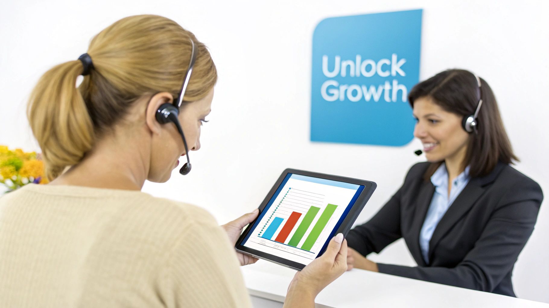 Two call center agents with headsets, one analyzing a growth chart on a tablet.