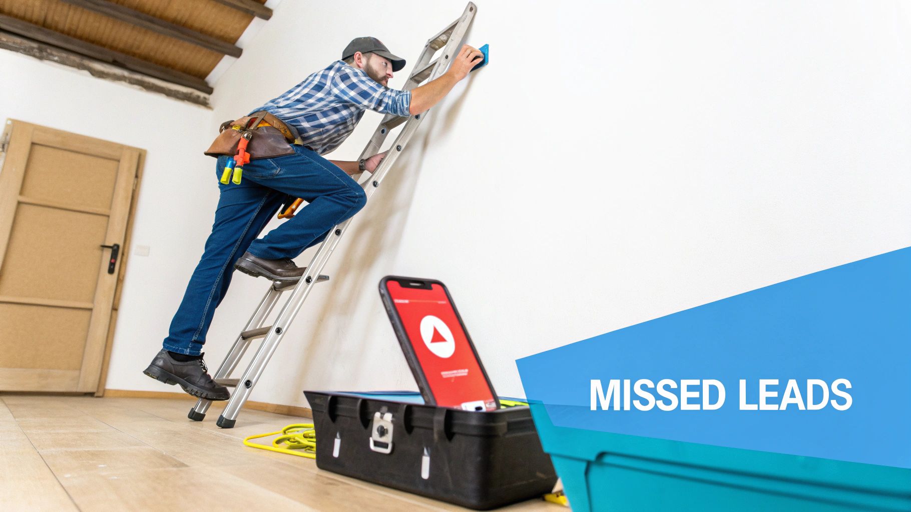 A busy tradesman on a ladder working, while a phone in a toolbox shows a missed call and "MISSED LEADS".