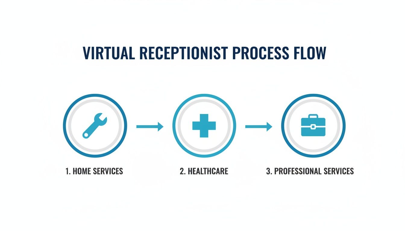 Virtual Receptionist Process Flow diagram illustrating services for home, healthcare, and professional sectors.