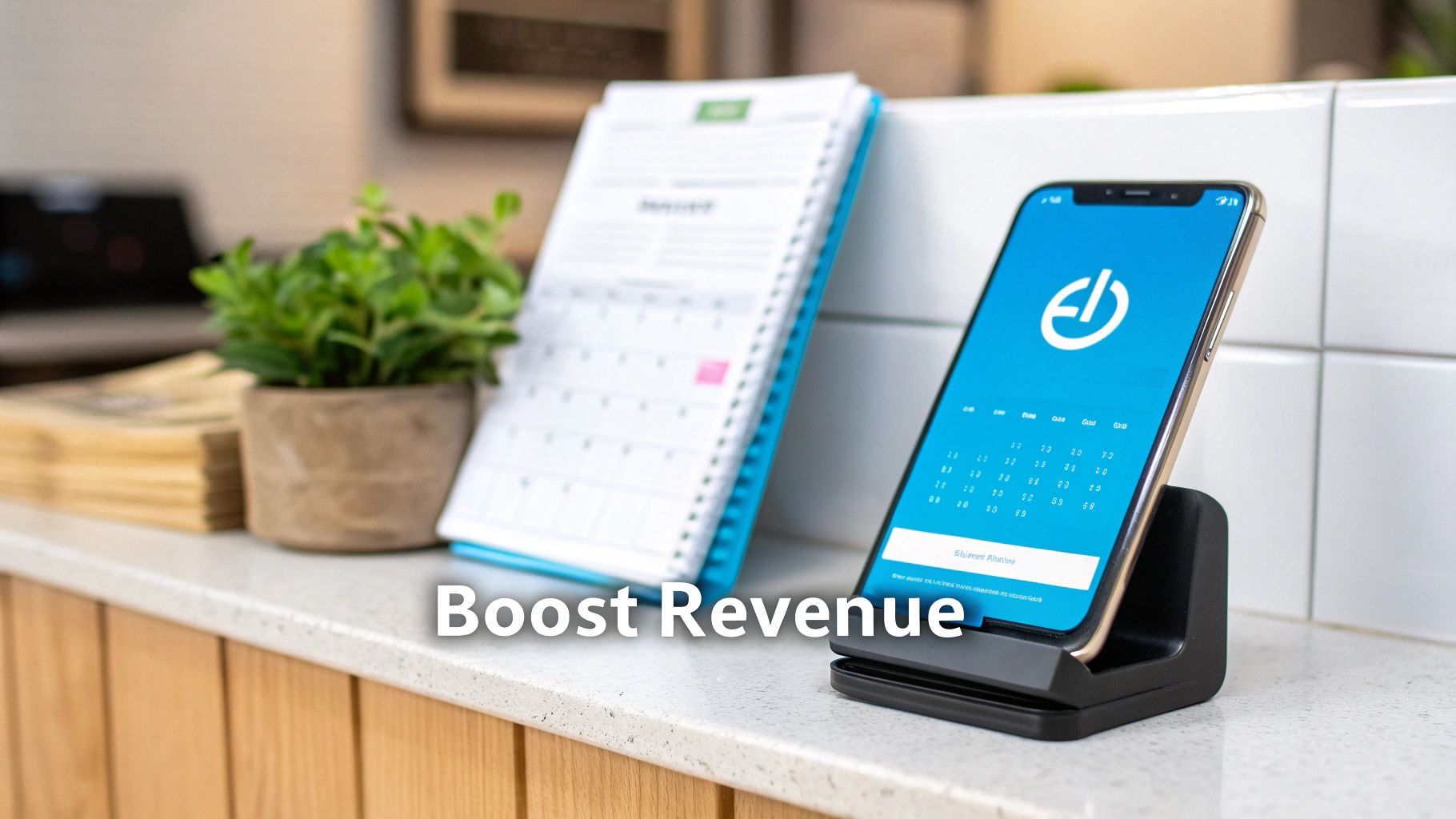 A smartphone displaying a business app on a counter, next to a calendar and a small plant.