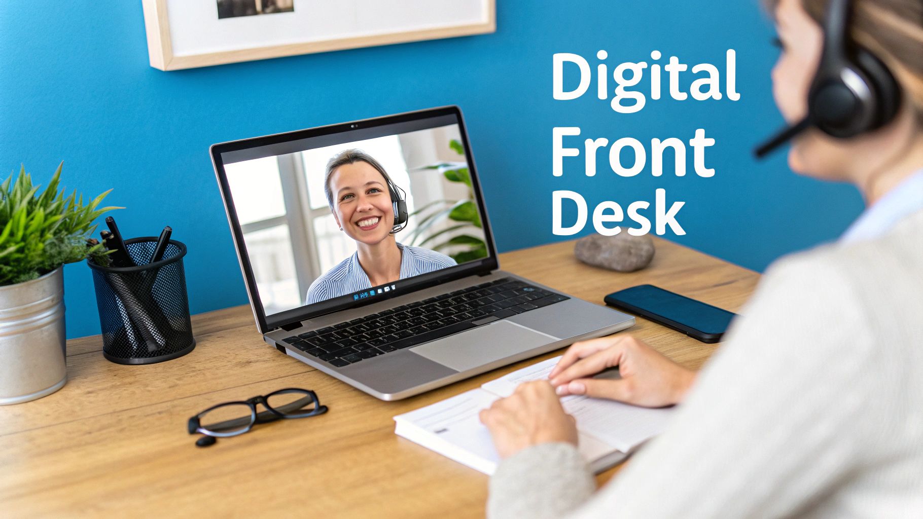 A person at a desk having a video call with a smiling virtual receptionist on a laptop, with 'Digital Front Desk' text.
