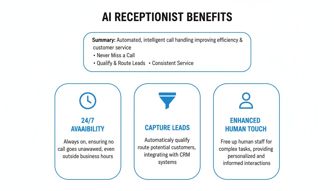 Diagram illustrating AI Receptionist benefits, highlighting 24/7 availability, lead capture, and enhanced human interaction.